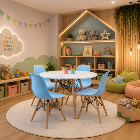 Mesa e Cadeiras Conjunto para Brinquedoteca Infantil Tampo 68cm Redondo Branco 4 Cadeiras Azul