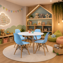 Ver imagem 1 de Mesa e Cadeiras Conjunto para Brinquedoteca Infantil Tampo 68cm Redondo Branco 4 Cadeiras Azul