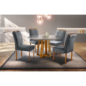 Conjunto Sala de Jantar 4 Lugares Mesa Redonda Tampo Em Vidro 1,2m e 4 Cadeiras