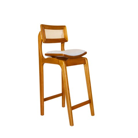 Banqueta Alta Vicent Madeira Maciça com Assento Estofado Curvo e Encosto em Palha Sextavada