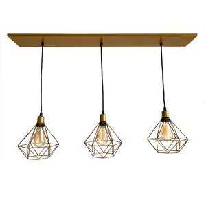 Trio Aramado Diamante Pequeno Poptem Canopla Múltipla Reta 97Cm Dourado Metal 19Cm Luminária Lustre
