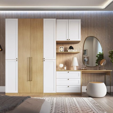 Guarda Roupa 158,9 Cm 6 Portas com Cômoda 3 Gavetas 100% Mdf Cor:savana com Branco