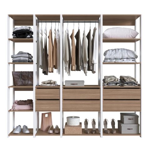 Guarda Roupa Closet 4 Peças com 2 Cabideiros 6 Gavetas e 11 Nichos Easy
