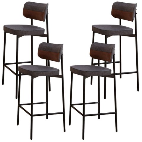 Kit 04 Banquetas Alta Bar Cozinha Sala de Jantar Aço Preto Kaira C01 Linho Preto Courino Whisky -