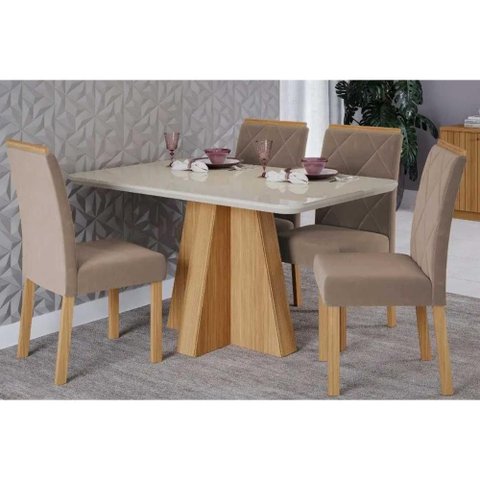 Sala de Jantar Completa Maitê Tampo Madeirado C/ Vidro 130x80cm e 4 Cadeiras Fernanda Nature/off