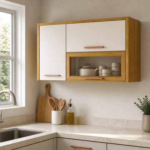 Armário Aéreo de Cozinha Demi 3 Portas com Vidro Reflecta Espresso Móveis Bege/Cinamomo/Off White Acetinado
