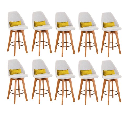 Kit 10 Banquetas Alta Maya Giratória Com Encosto Linho Bege Claro e Almofada Suede Amarelo - Gat