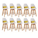 Ver imagem 1 de Kit 10 Banquetas Alta Maya Giratória Com Encosto Linho Bege Claro e Almofada Suede Amarelo - Gat