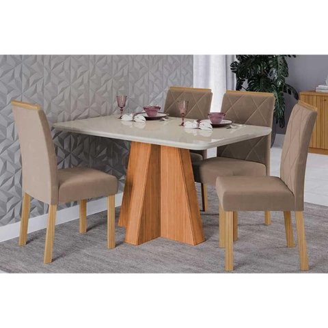 Sala de Jantar Completa Maitê Tampo Madeirado C/ Vidro 130x80cm e 4 Cadeiras Fernanda Cinamomo/off