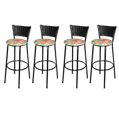 Jogo 4 Banqueta Alta Para Cozinha Ratan Preta Estofado Cerveja