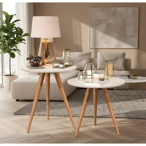 Conjunto Mesa de Apoio e Lateral Pés Palito Off White