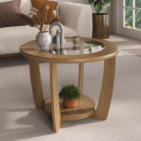 Mesa De Centro Redonda 100% Mdf Tampo Em Vidro Curve Artely Carvalho