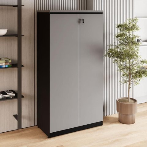 Armário Alto para Escritório 2 Portas 3 Prateleiras MDP 80cm Cinza Sagrado com Preto F5