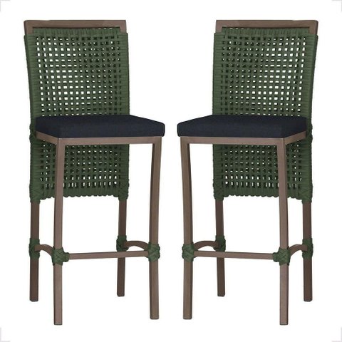 2 Banqueta em Alumínio Roma Marrom Corda Náutica Tecido 12 Verde