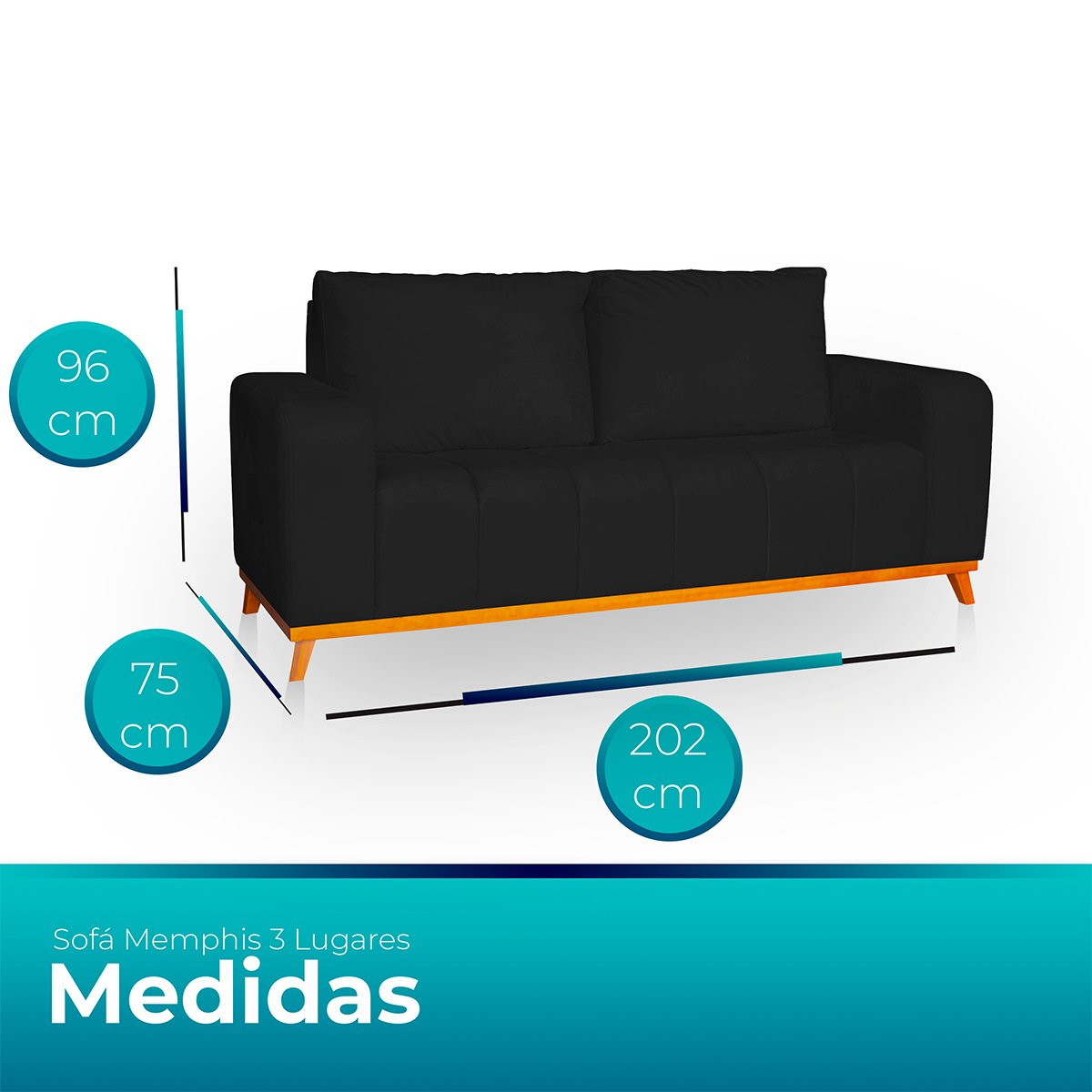 Sofá 3 Lugares Memphis Ultra Conforto em Madeira Maciça e Suede Preto - Jylcrom Jylcrom Store Sofá 3 - 7