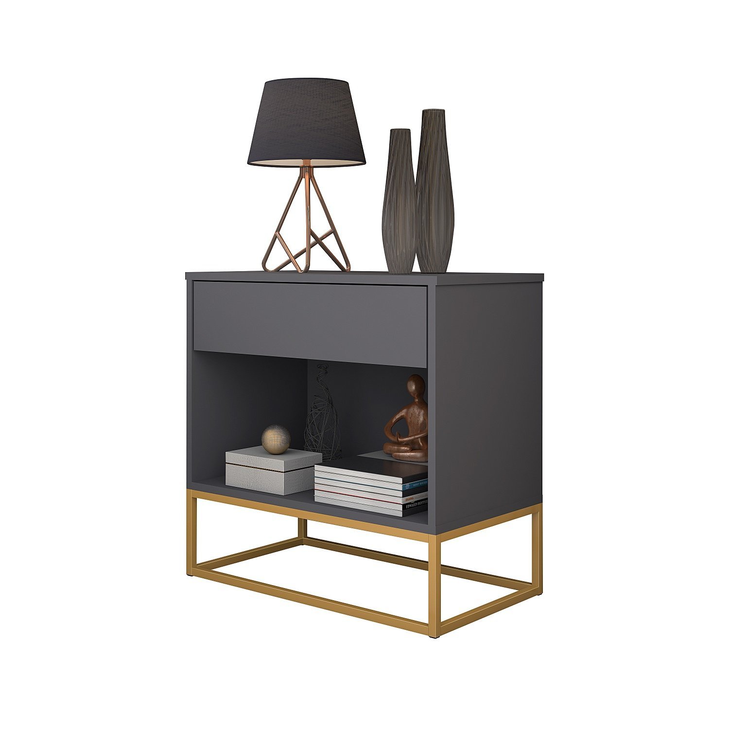 Mesa de Cabeceira Malta Cinza Moderna Estilo Industrial Base de Ferro Dourado