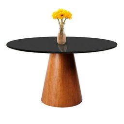 Mesa de Jantar Cone Base Mel 100 cm Tampo redondo Com Vidro Preto - 1