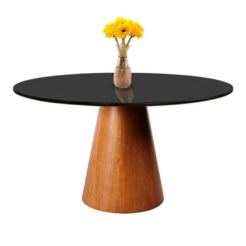 Mesa de Jantar Cone Base Mel 100 cm Tampo redondo Com Vidro Preto