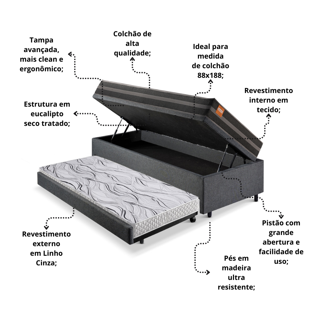 Bicama Box Baú Solteiro Linho Cinza 88x188 com Colchão Bogotá Molas Ultralastic Inducol - 6