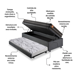 Bicama Box Baú Solteiro Linho Cinza 88x188 com Colchão Bogotá Molas Ultralastic Inducol - 5