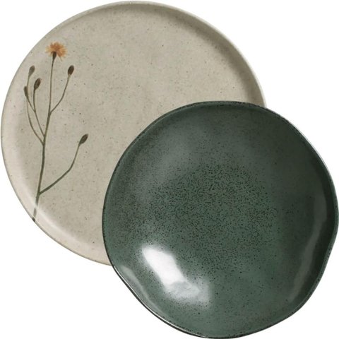 Jogo de Pratos Rasos e Fundos 8 Peças Porto Brasil Cerâmica Stoneware Decorada