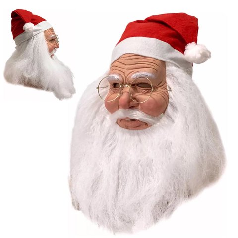 Mascara de Papai Noel Realista Natal Natalino Latex Fantasia Barba Oculos Gorro Festa Fim de Ano Con