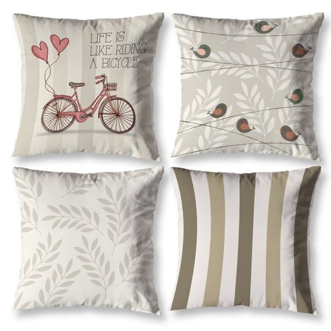 Kit 4 Almofadas Cheias 40cm X 40cm Decorativas Estampadas Sala Sofá Quarto Vintage Bike Caqui