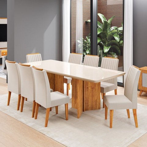 Conjunto Sala de Jantar 8 Lugares Retangular Tampo de Vidro MDF Holden Yescasa Bege/Mel/Off White