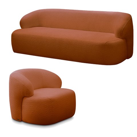 Conjunto Sala de Estar Decorativo Charlote 1 Sofá 180cm 2 Lugares 1 Poltrona Base Fixa com Puff Bouc