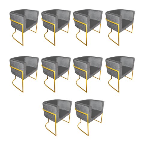 Kit 10 Poltronas Decorativa Sala de Estar Base de Ferro Dourada Veludo Cinza