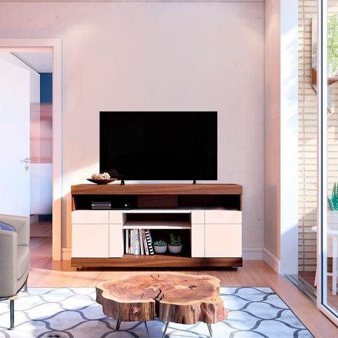 Rack Bancada Yara TV até 55 Polegadas com 2 Portas Nogueira/Off White para Sala