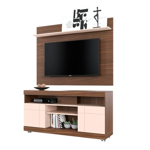Rack Bancada Yara + Painel Maia TV de até 47 Polegas com Prateleira Nogueira/ Off White para Sala