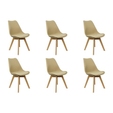 Kit 6 Cadeiras Charles Eames Leda Luisa Saarinen Design Wood Estofada Base Madeira - Bege