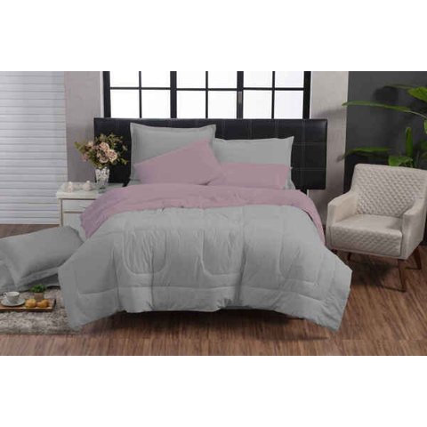 Kit Edredom QUEEN 6 Peças Dupla Face Italiano Macio Cor Rosa e Cimento Casa Dona