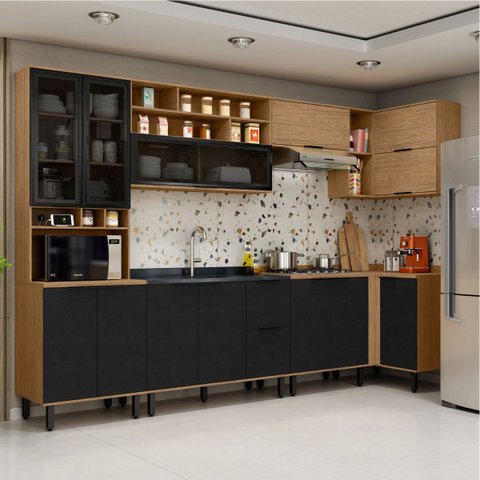 Cozinha Modulada Completa de Canto 7 Peças Lombardia Freijó Nero - Mx