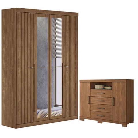 Guarda Roupa Casal Ripado 4 Portas Buriti com Espelho e Cômoda Havana Master com Pés Jatobá Acetinad