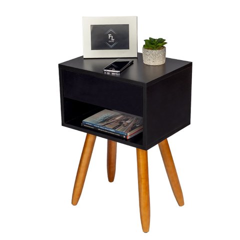 Mesa de Cabeceira Preto Retro 55cm De Altura Pés Castanhos - Enviamos Montada