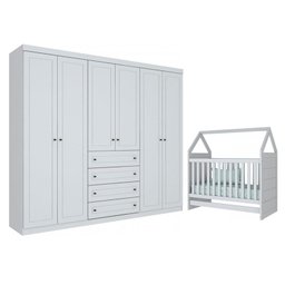 Jogo de Quarto com Berço Montessoriano Cabana e Roupeiro Americano 6 Portas Branco - Móveis Henn - 1