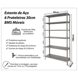 Estante de Aço 6 Prateleiras 30cm Multiuso Cinza 30kg por prateleira - 3