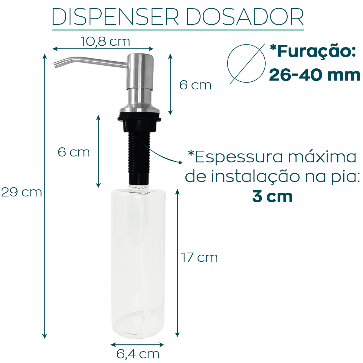 Dispenser Dosador Detergente 500ml Inox Escovado de Embutir Pia Cozinha Porta Sabonete Liquido Banca - 4