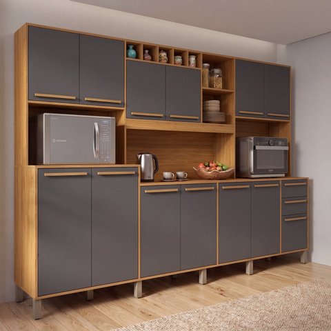 Armário de Cozinha 13 Portas 2 Gavetas 253cm com Adega