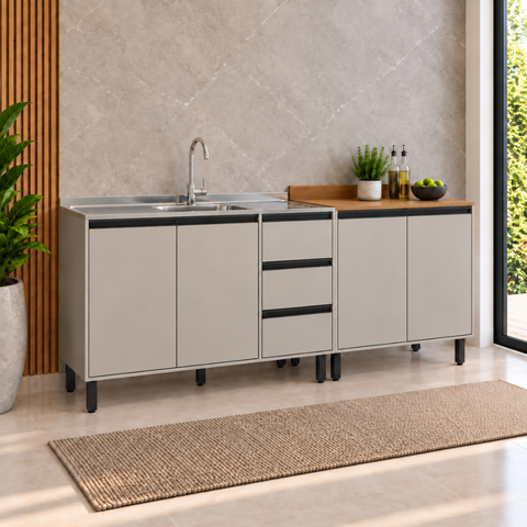 Kit com 2 Balcões de Cozinha 4 Portas 3 Gavetas 200x83 cm Tóquio Cinza Casamia