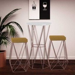 Conjunto Bistrô Rizzo Branco e 2 Banquetas Kathy Suede Mostarda com Bases Bronze - Gran Belo - 6