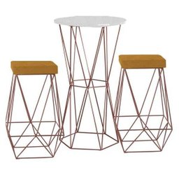Conjunto Bistrô Rizzo Branco e 2 Banquetas Kathy Suede Mostarda com Bases Bronze - Gran Belo - 1
