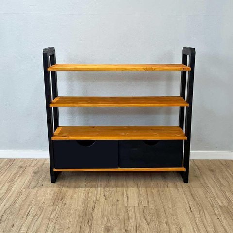 Aparador Linea Ample Moderno sem Porta 2 Gavetas Madeira Maciça 100cm Amadeirado e Preto Artfactory