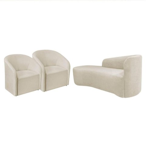 Kit Sofá Curvo França 140cm L.e e 2 Poltronas Luiza Max Conforto, Bouclé Bege