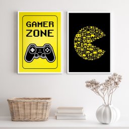 Kit 2 Quadros Quarto Gamer Preto E amarelo 24x18cm - com Vidro:madeira Preta - 2