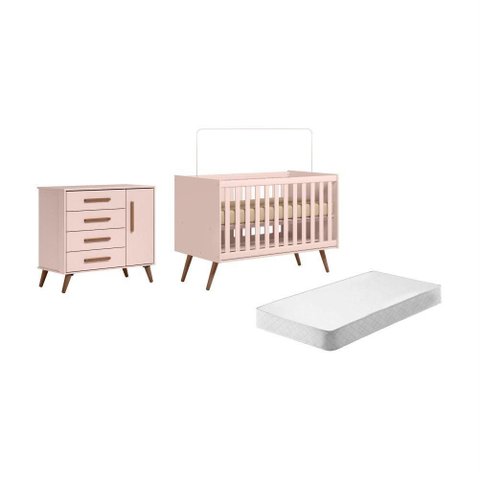 Conjunto Berço e Comoda Monet Infantil com Colchão Retrô Rosa