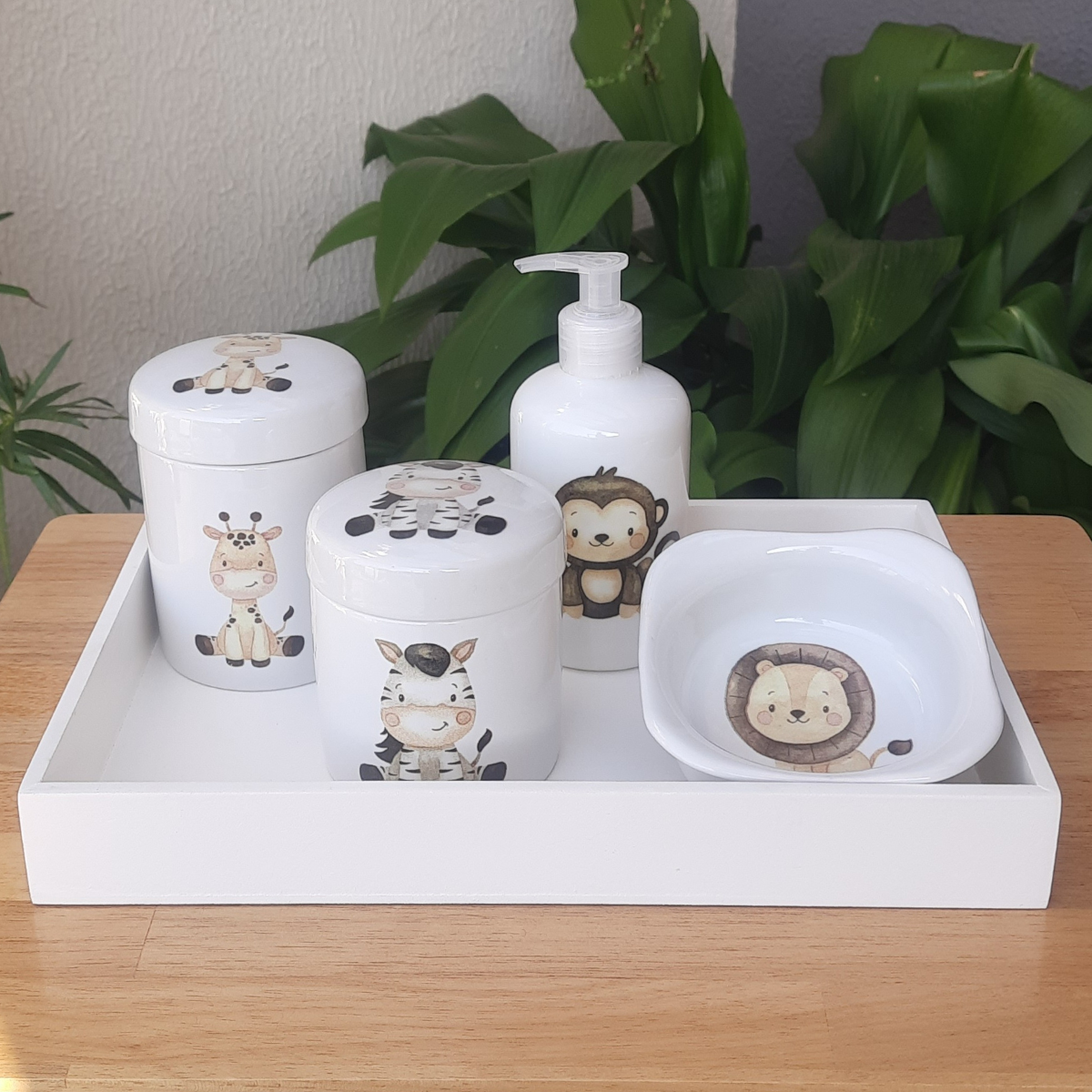 Kit Higiene Bebê Safari 5 Pçs - Porcelana C/tampas Decoradas - 3