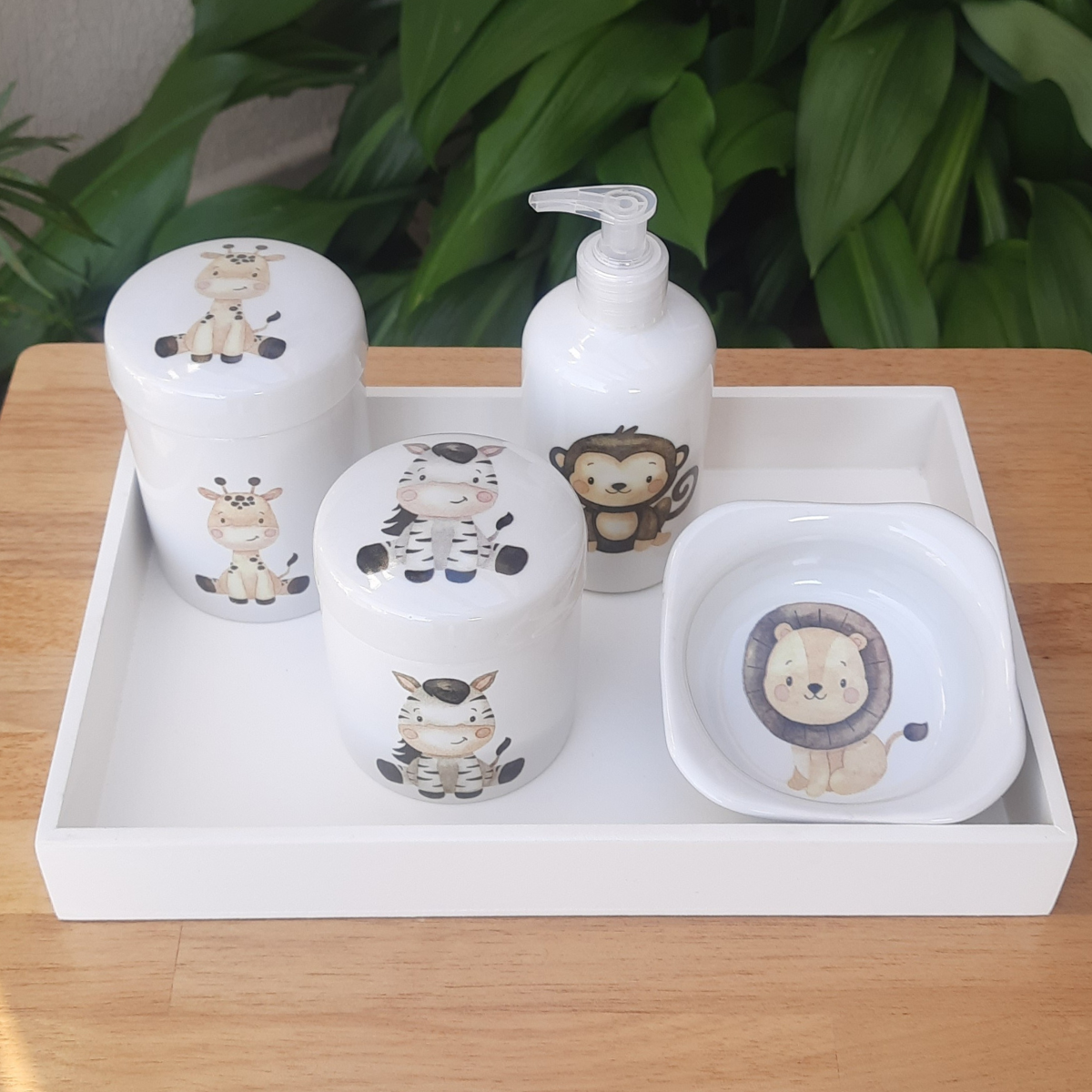 Kit Higiene Bebê Safari 5 Pçs - Porcelana C/tampas Decoradas - 4